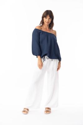 Navy Linen Gather Neck Top