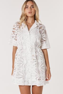 Elara White Broderie Shirt Dress