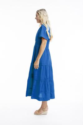 electric Blue Poplin Maxi Ruched Waist Dress