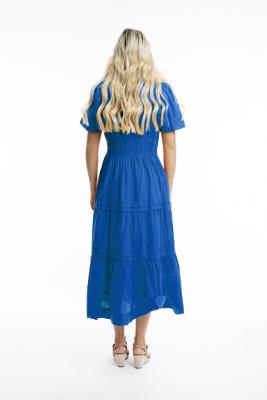 electric Blue Poplin Maxi Ruched Waist Dress