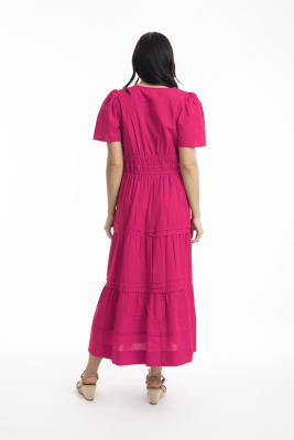 Hot Pink Poplin Maxi Ruched Waist Dress