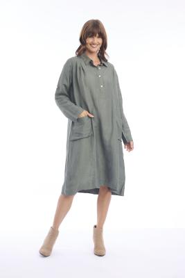 Military Linen Shirt Midi Dress
