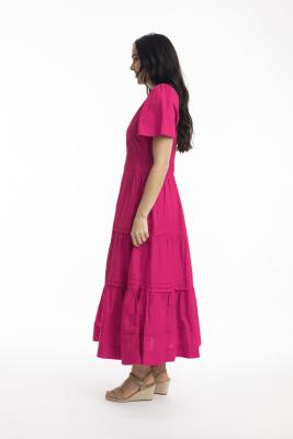 Hot Pink Poplin Maxi Ruched Waist Dress