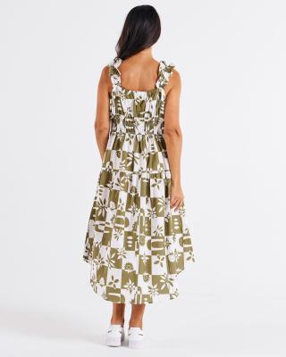 Tiered Geo Floral Maxi Frill Dress