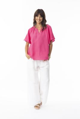 Pink Linen Chinese Collar Top