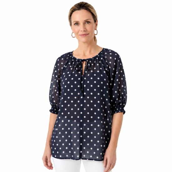 Navy Blouse with White Spots